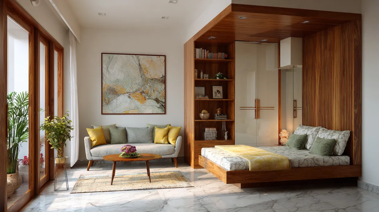 Low-budget bedroom with platform bed and warm lighting.
