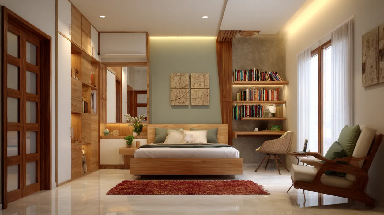 Low-budget room design with printed curtains and bedding.