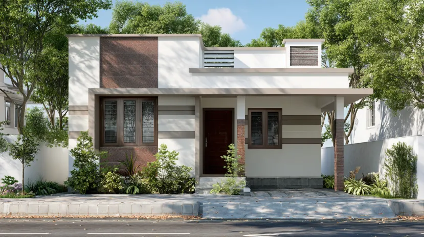 Horizontal stripes low-cost normal house front elevation design