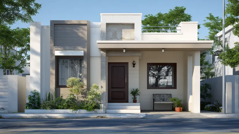 Low cost normal house front elevation in white and grey