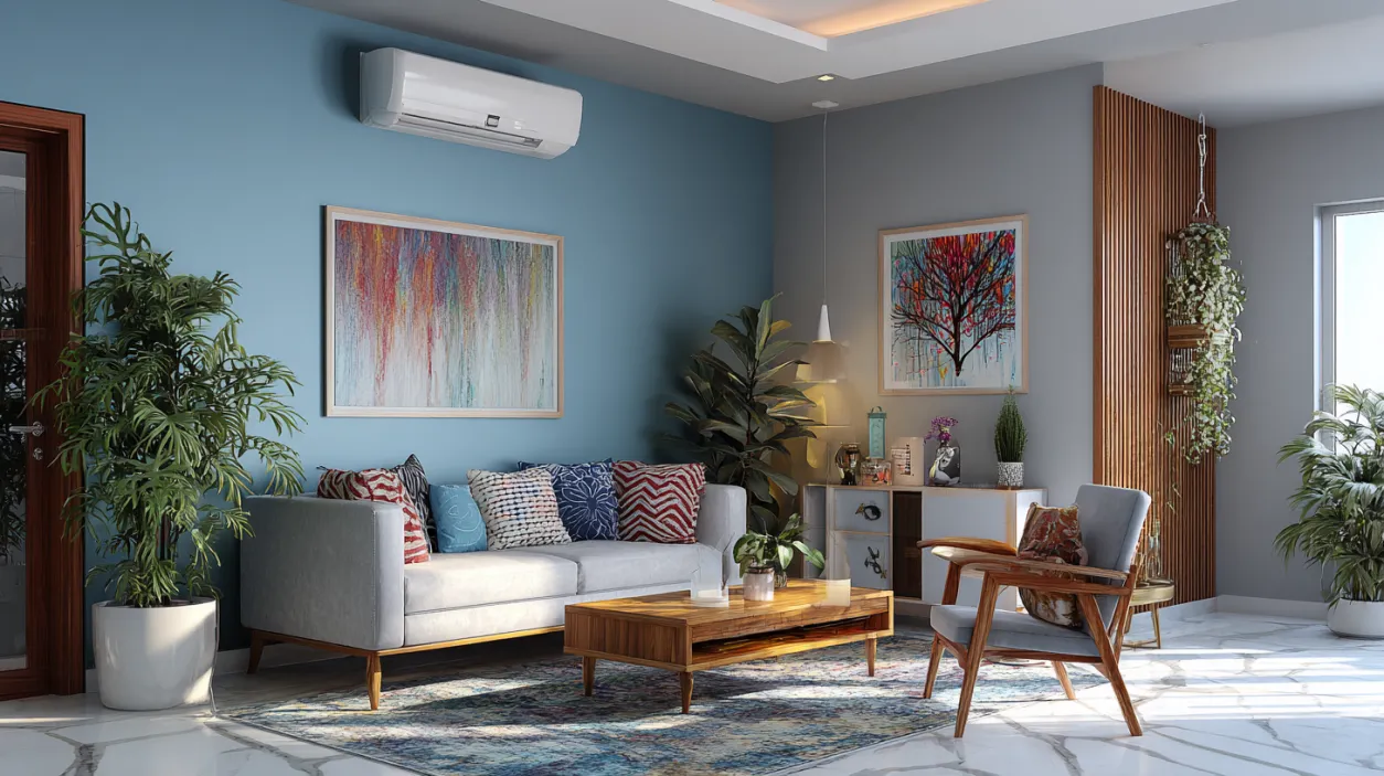 Low-cost living room interior design with blue accent wall.