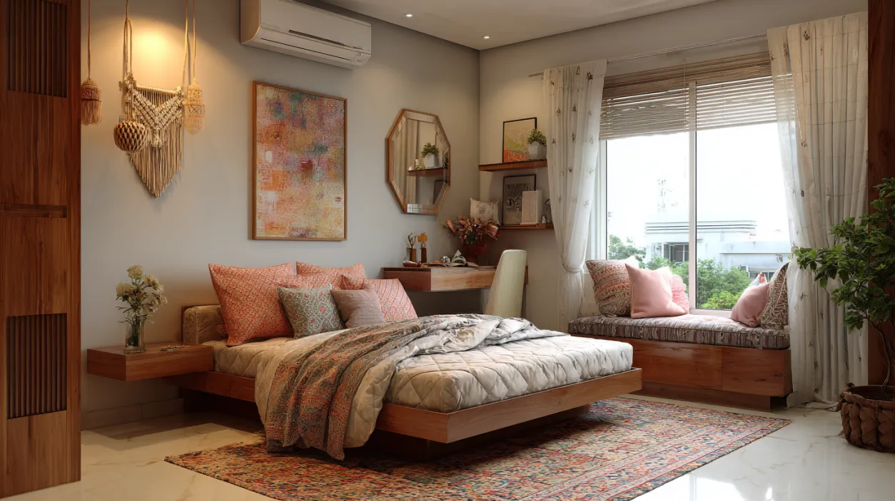 Cozy low-cost middle-class bedroom interior design.