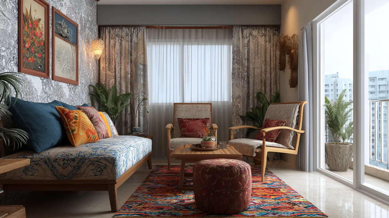 Low-cost living room with elegant neutral tones and rug.