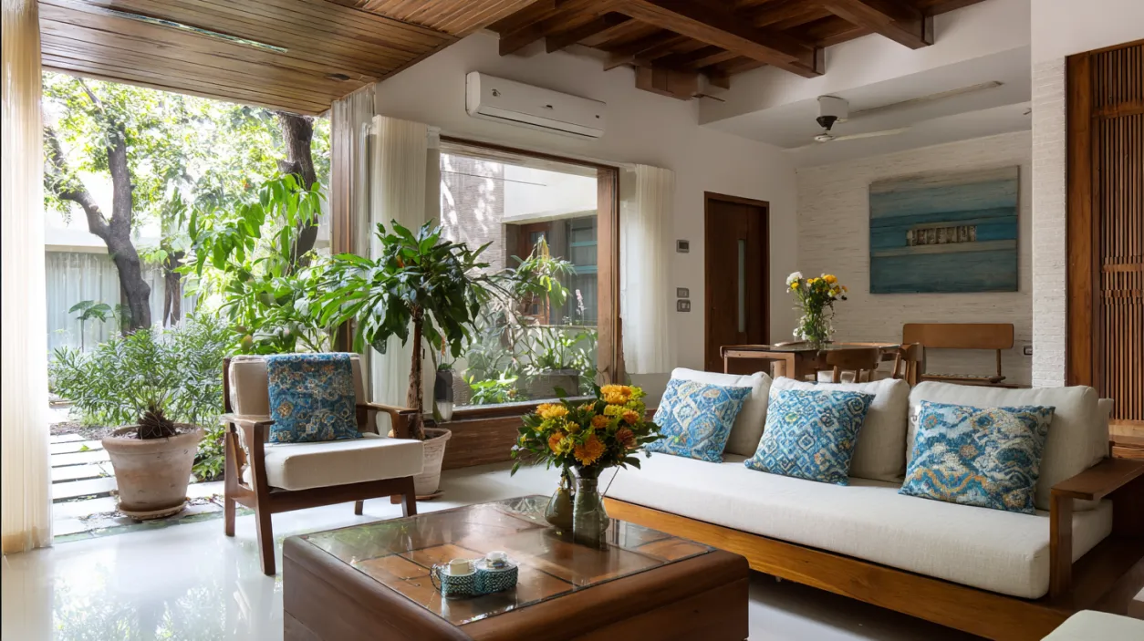 Traditional living room with carved wood and indoor pond.
