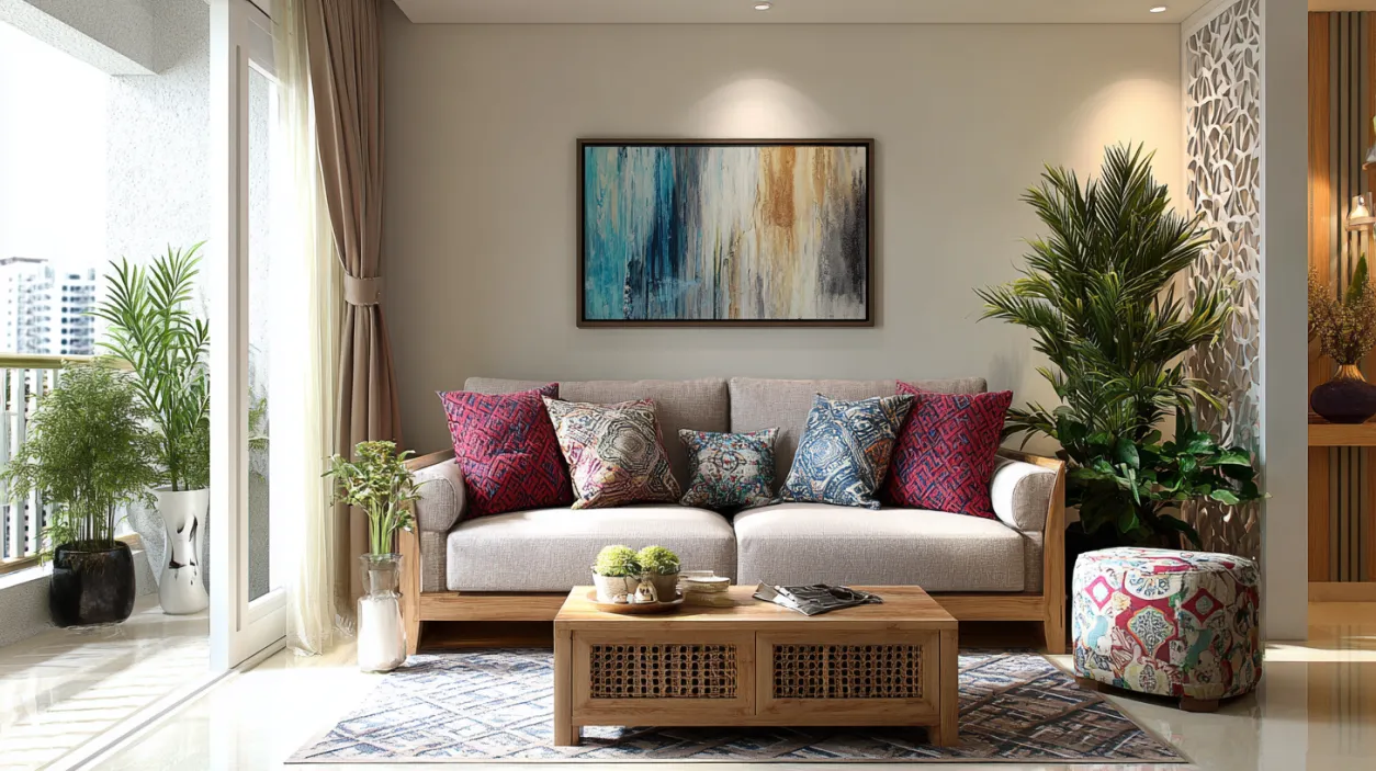 Low-cost living room with elegant neutral tones and rug.