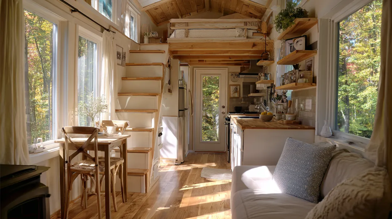 Interior of a cozy low budget tiny house with loft