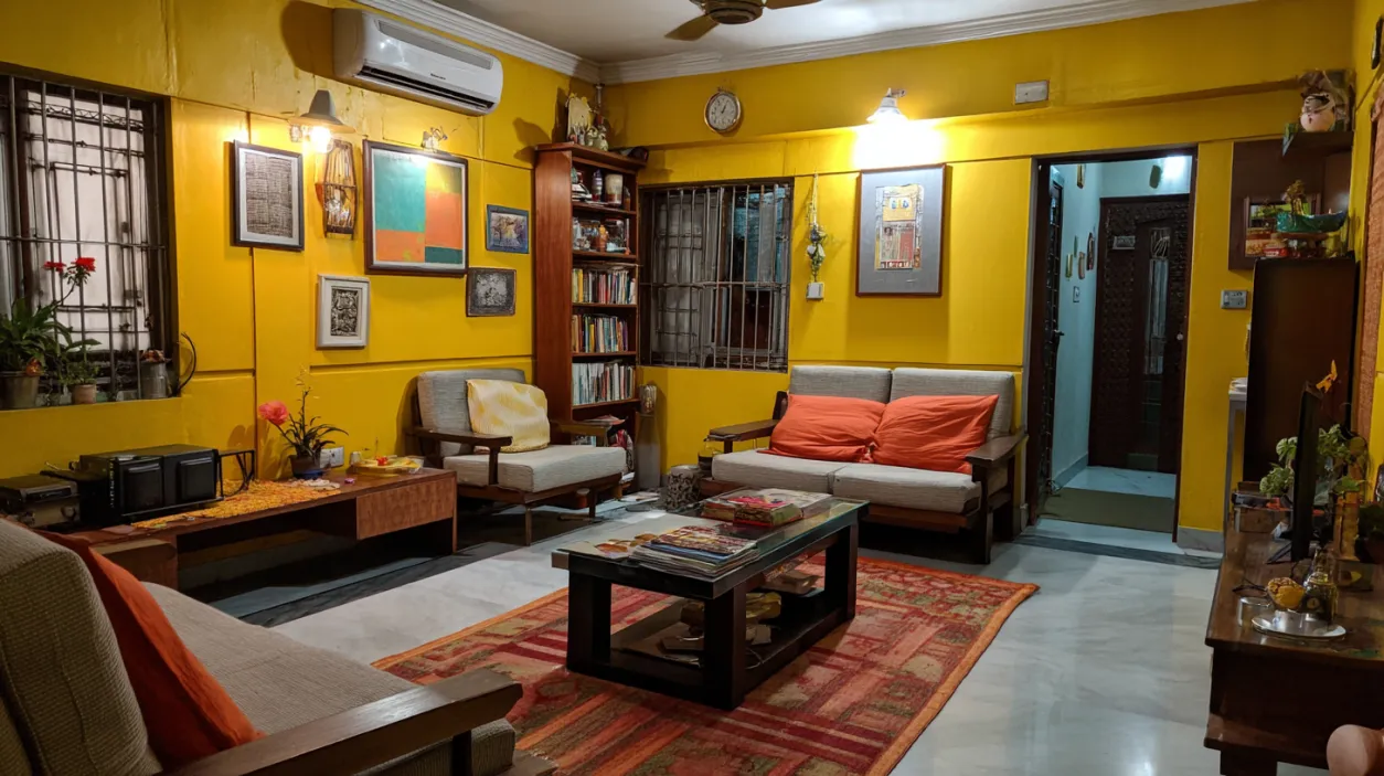 Warm yellow living room with bookshelves and cozy seating