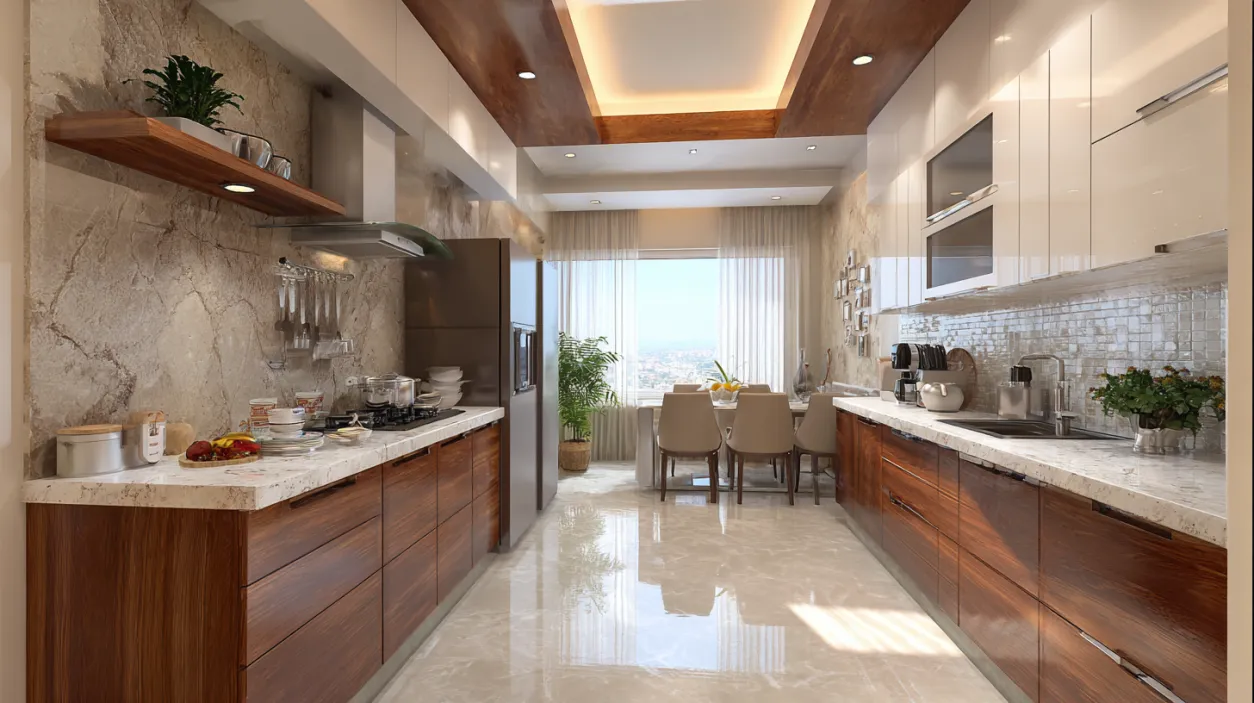Large low budget kitchen interiors with a parallel layout design.