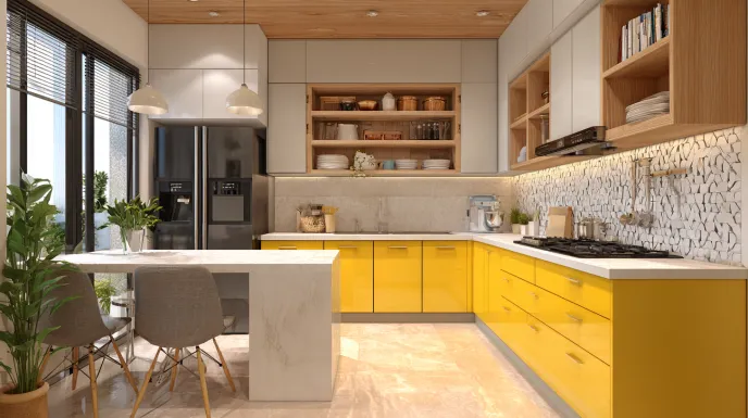 Small low budget kitchen design with bright yellow finish panels.