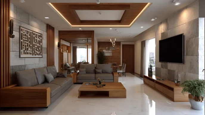 Modern grey sofa set with wooden tray ceiling design.