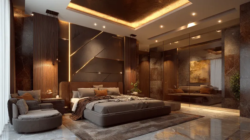 Luxurious dark PVC wall panel design for bedroom