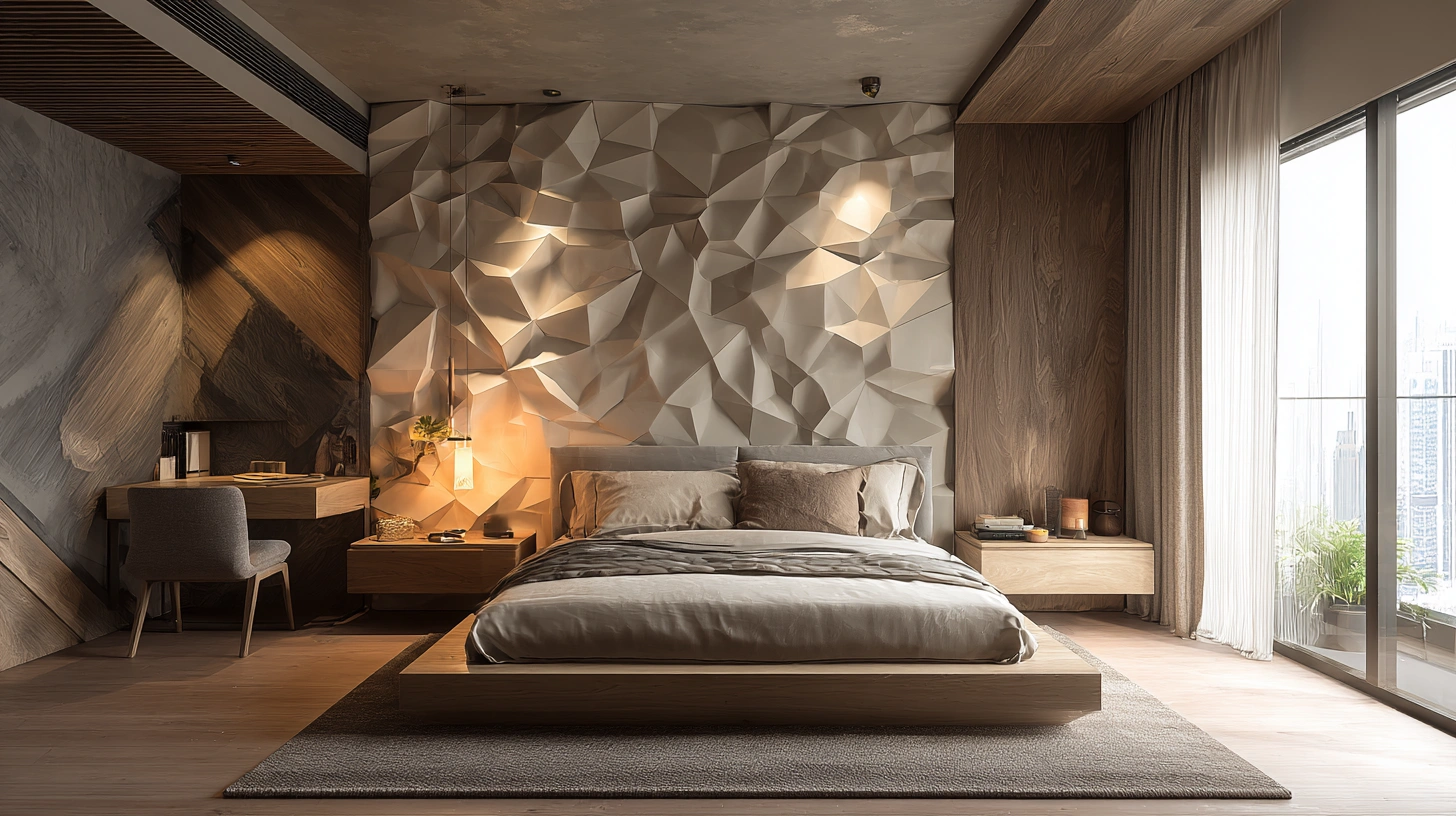 Bedroom with textured wall panels and a clean design