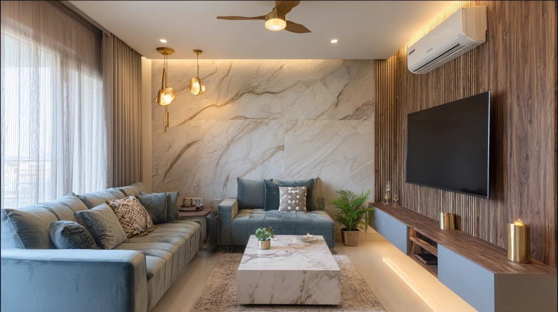 Elegant luxury compact living room with marble
