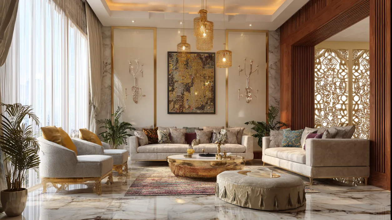 Gold accented luxury home interiors in Bangalore.