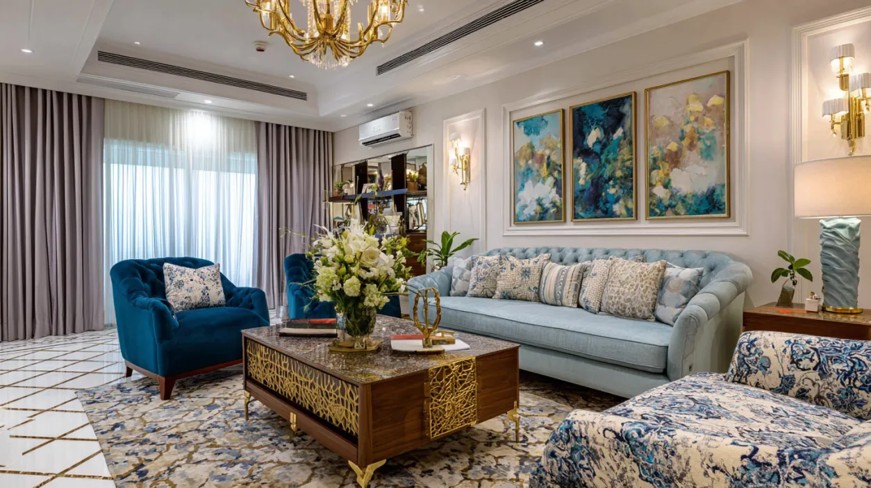 Blue velvet luxury interior design in Bangalore.