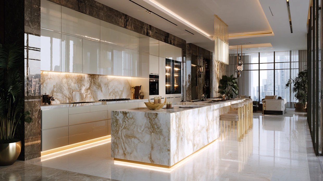Luxury kitchen with marble island and LED lights