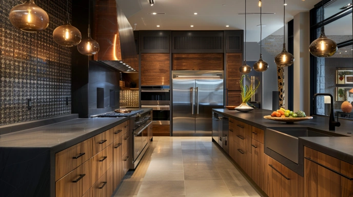Indian luxury kitchen with layered lighting and warm ambiance