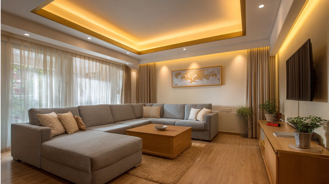 Warmly lit living room with metallic gold ceiling trim