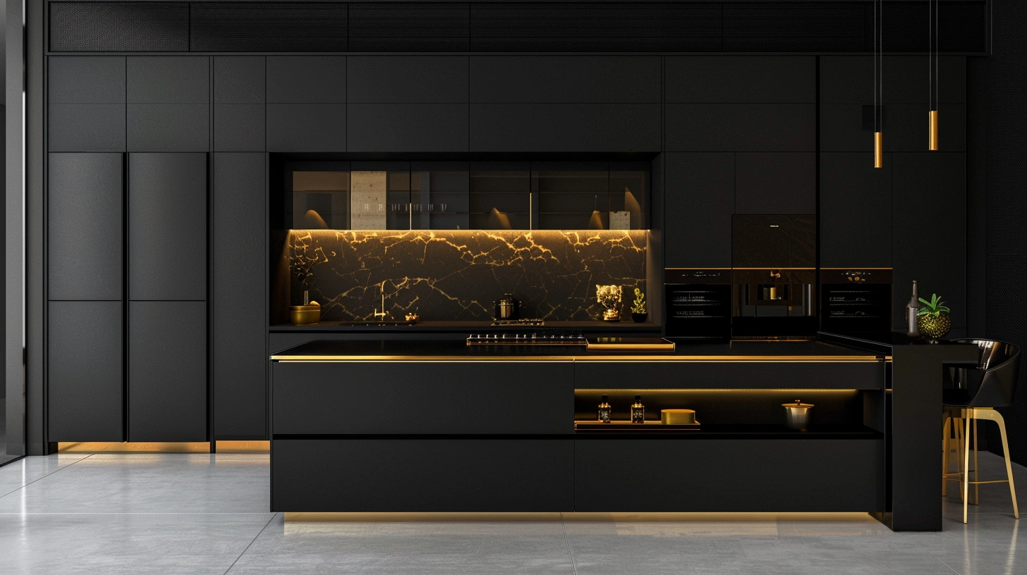 Luxury black Indian kitchen with matte cabinets and gold accents