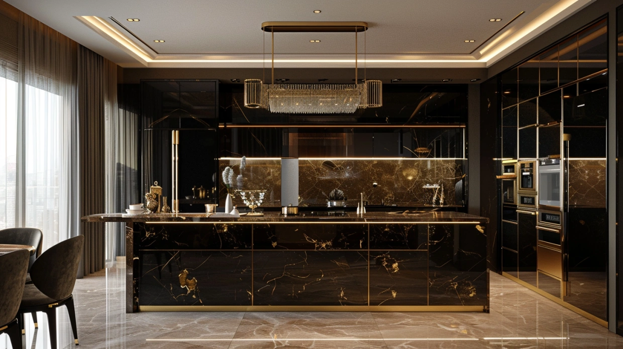 Indian luxury kitchen with gold accents and glossy finish