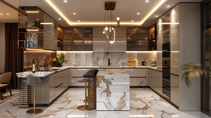 Luxury modern Indian kitchen with marble countertop and neutral tones