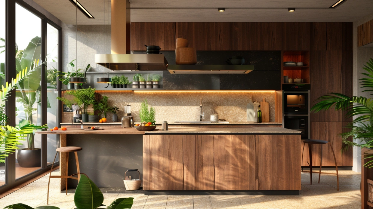 Indian luxury kitchen with wood finishes and natural textures