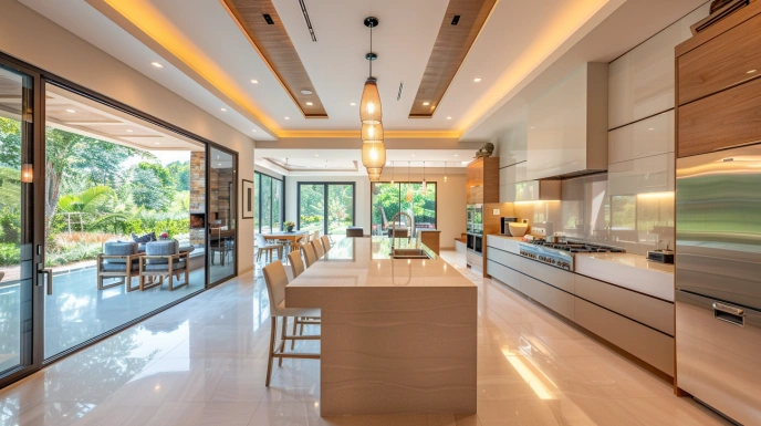 Indian luxury kitchen with large island and bar seating
