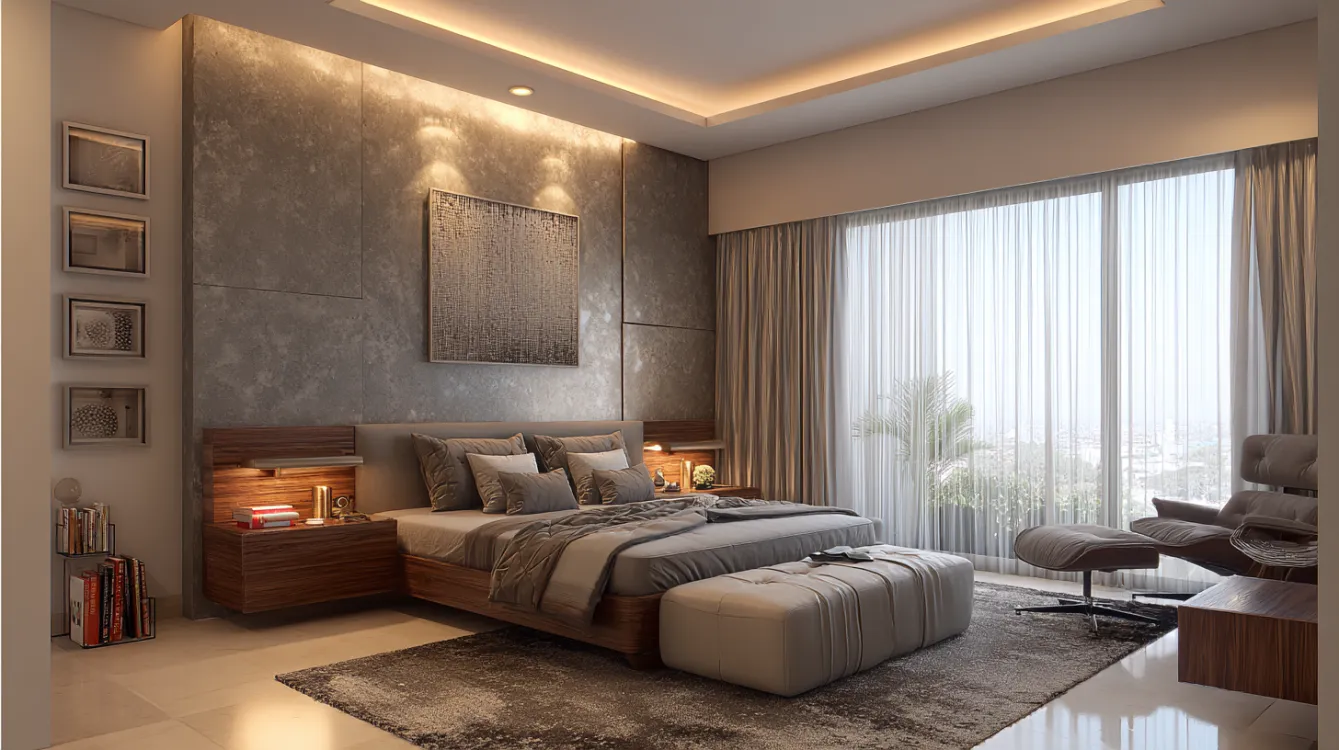 Modern bedroom with concealed pvc false ceiling design lighting