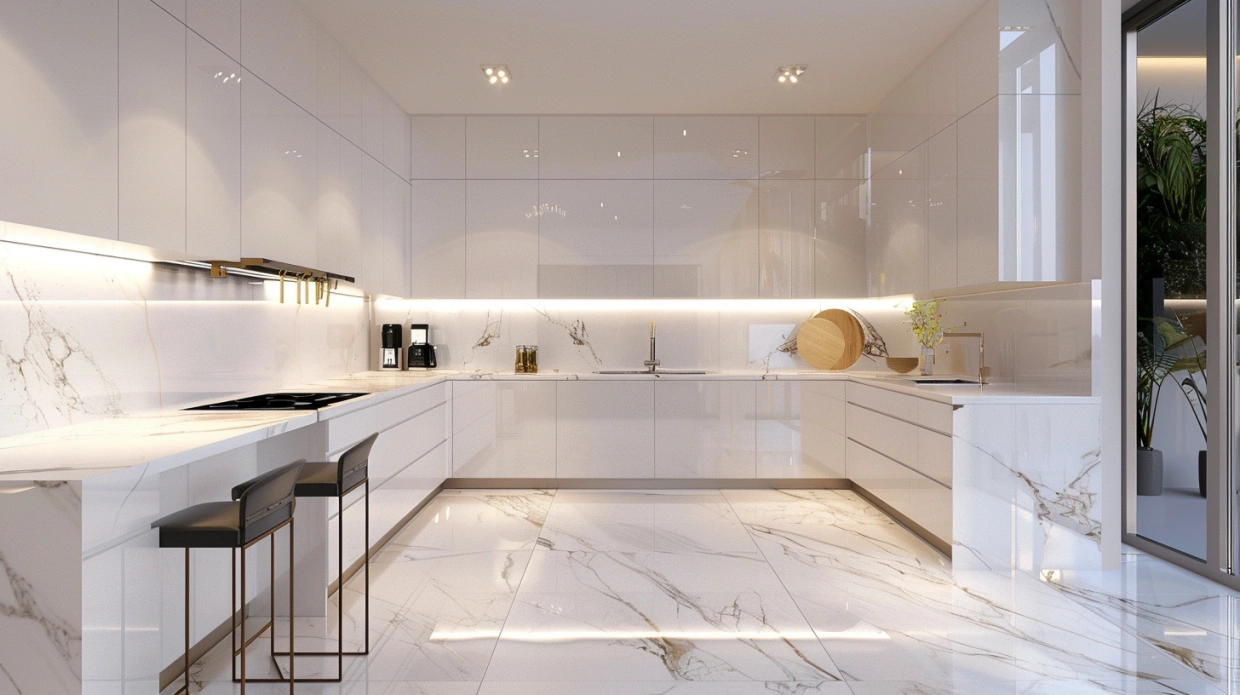 Luxury white Indian kitchen with glossy cabinets and marble countertop
