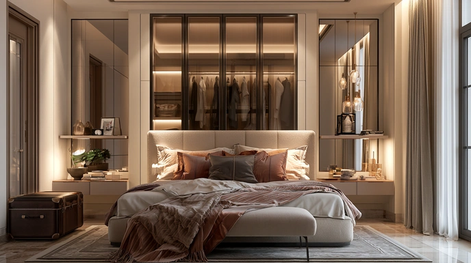 Luxury guest bedroom with upholstered bed and mirrored wardrobe.