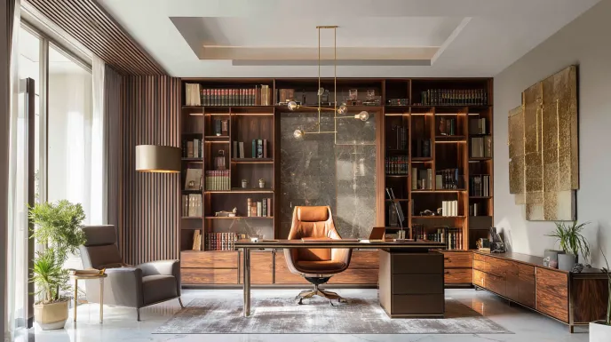luxury study room design with executive desk and leather chair