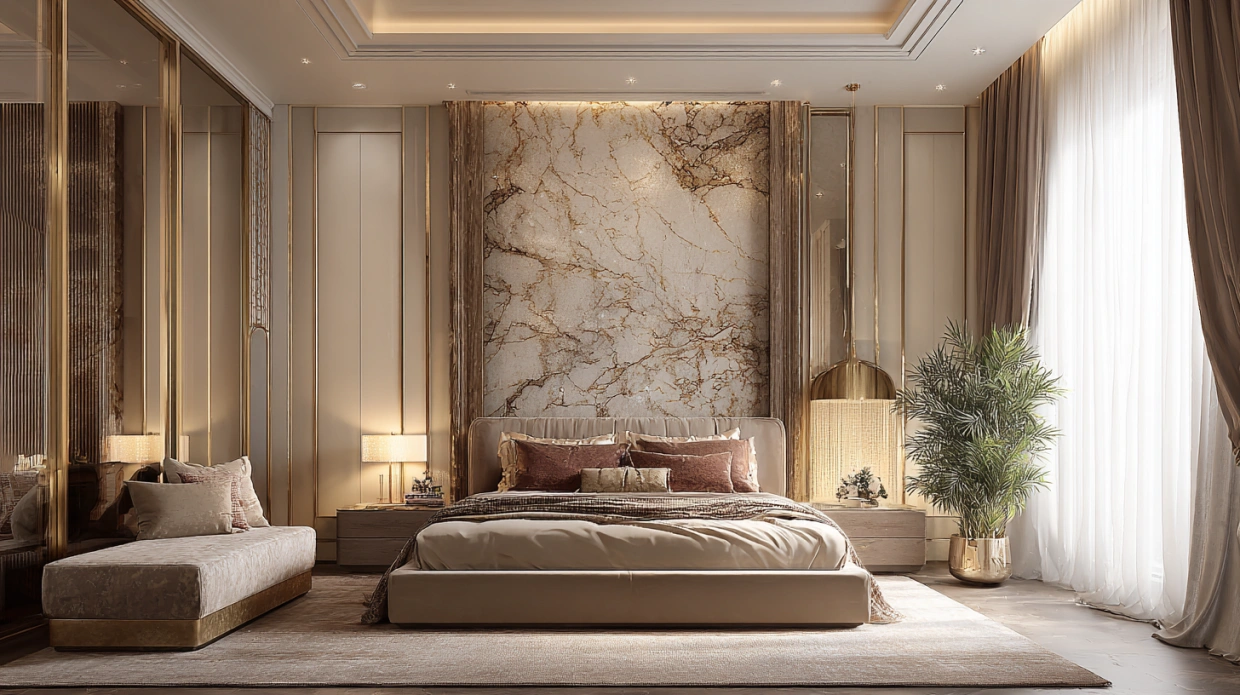 Italian marble accent wall bedroom design