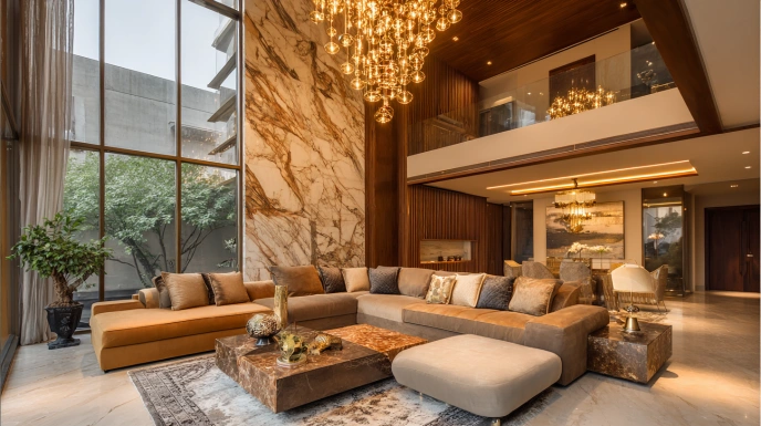 Double-height duplex living room with chandelier