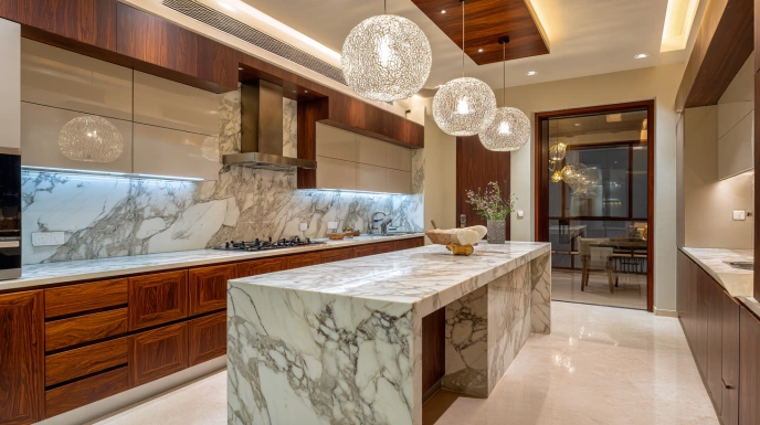 Luxury kitchen with island and marble finishes