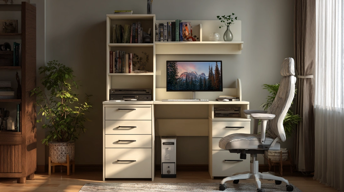 MDF computer desk with drawers and shelves