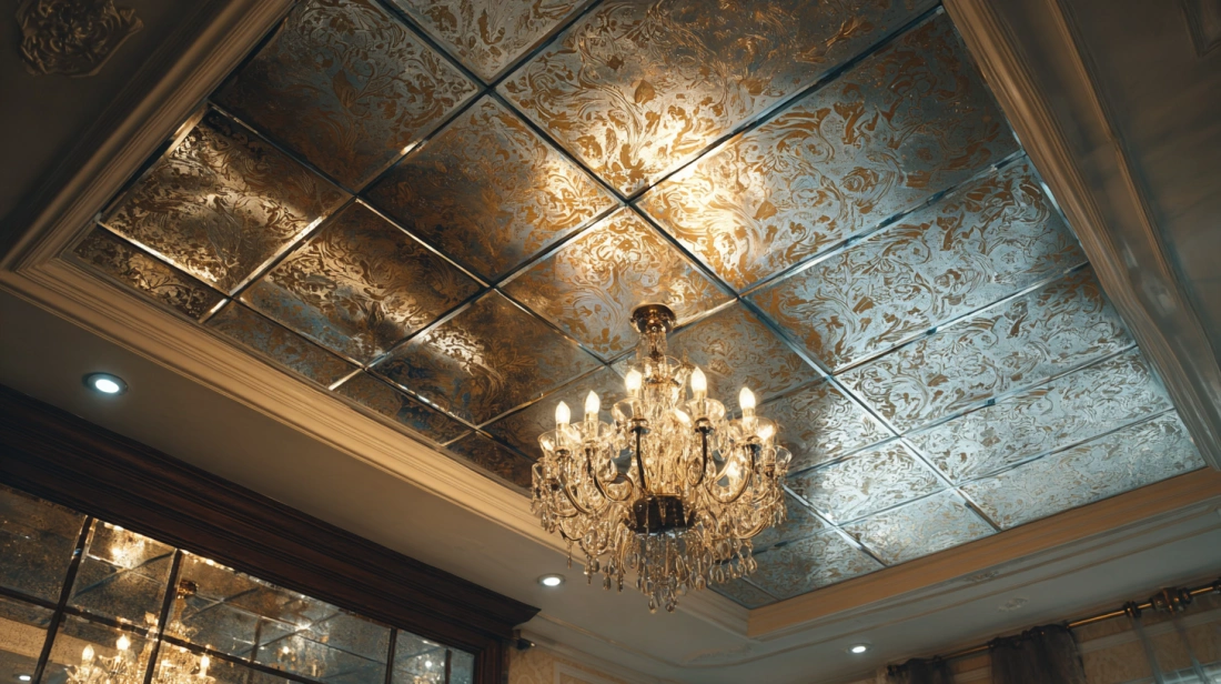 Gypsum ceiling integrated with reflective glass mirror panels