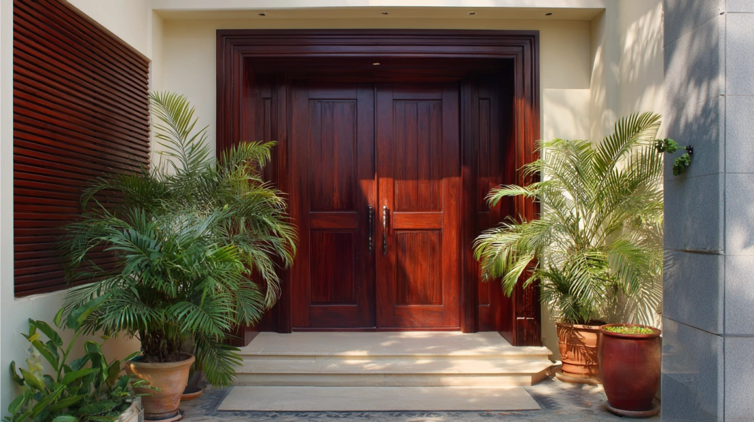 Dark mahogany veneer door in Indian house entrance