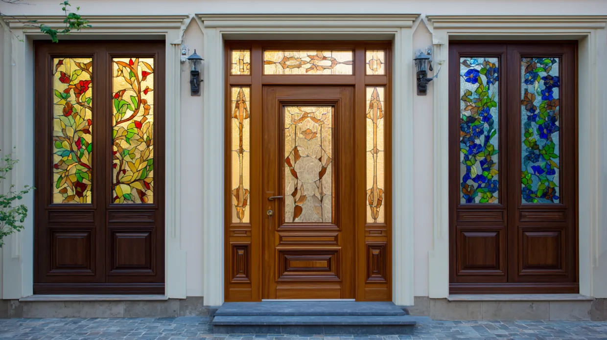 main door with attached window glass featuring decorative frosted panels