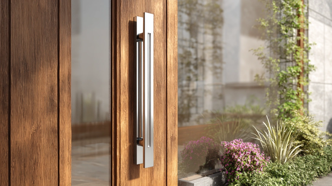 Long vertical chrome handle on wood door
