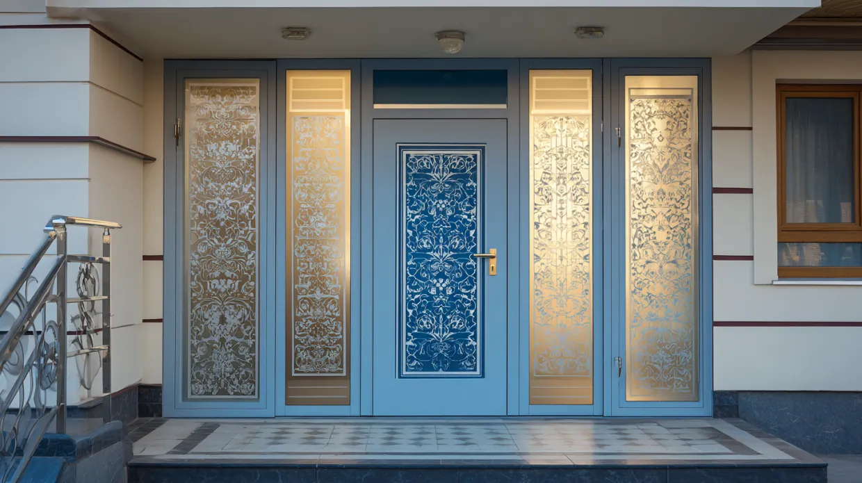 main door with decorative glass window panels and wooden frame