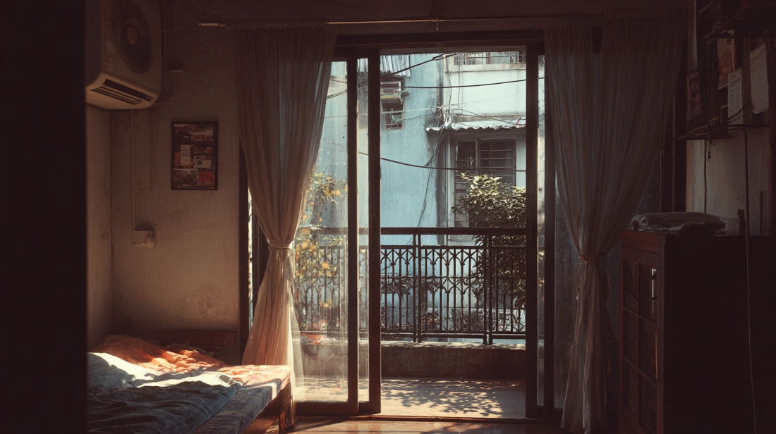Small bedroom with sliding glass door to narrow grill balcony