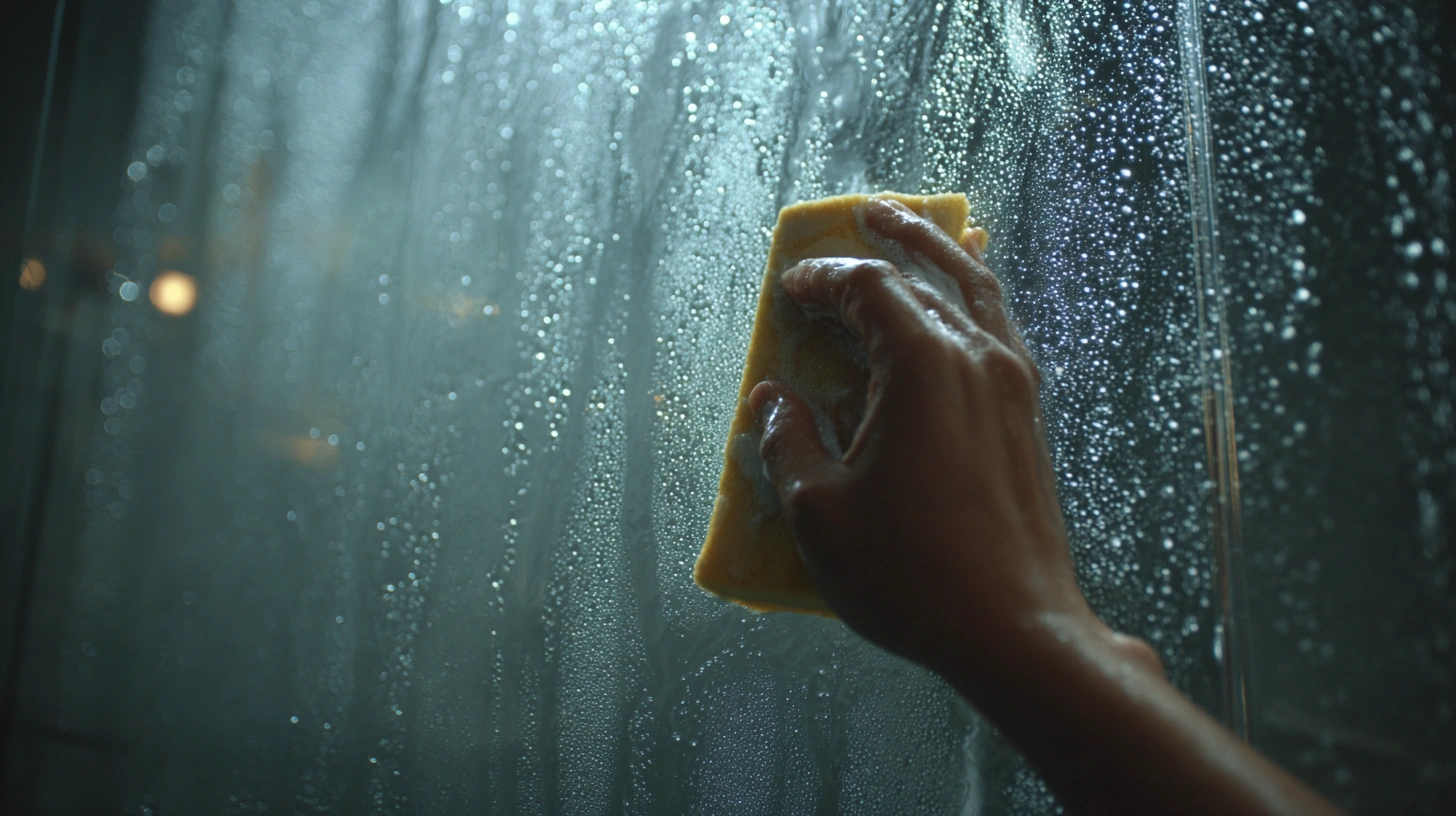 Hand cleaning water spots off a glass shower panel