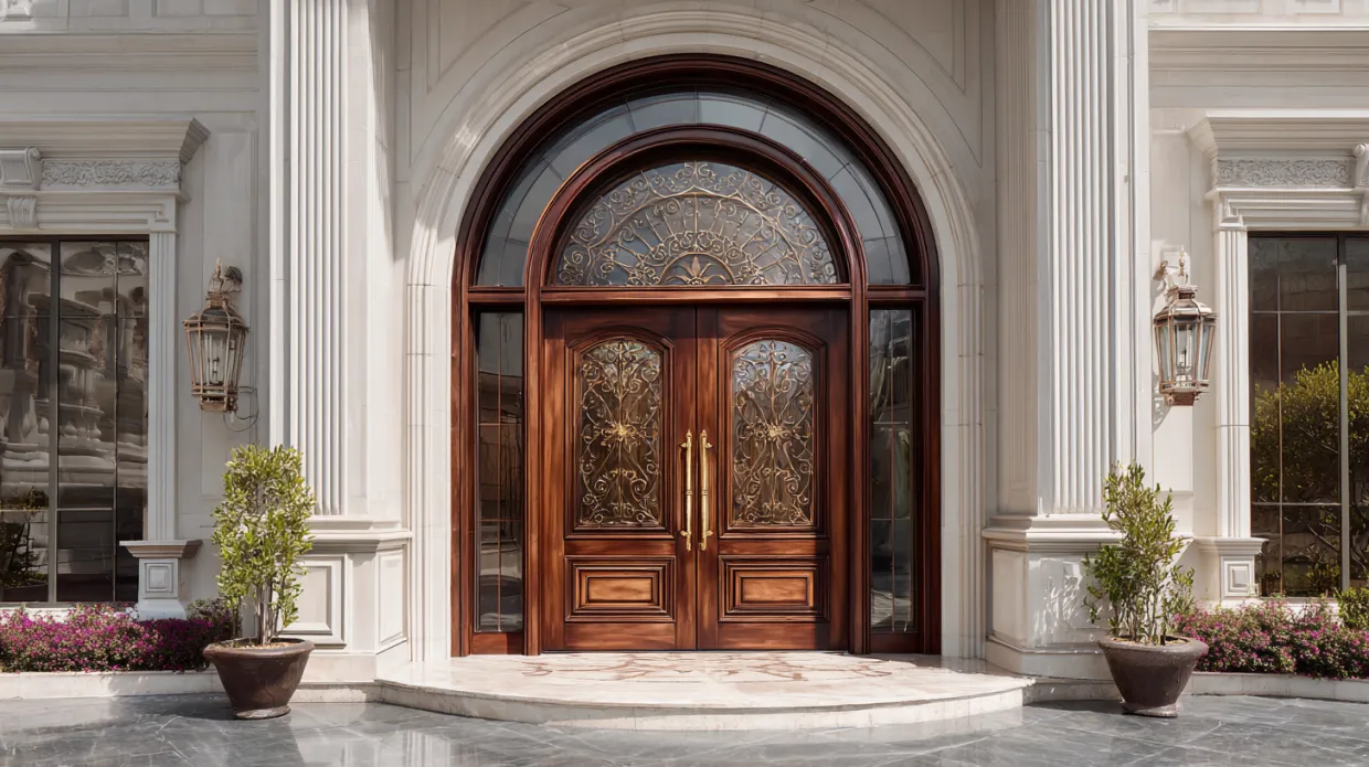 grand arched double doors with intricate woodwork and elegant handles