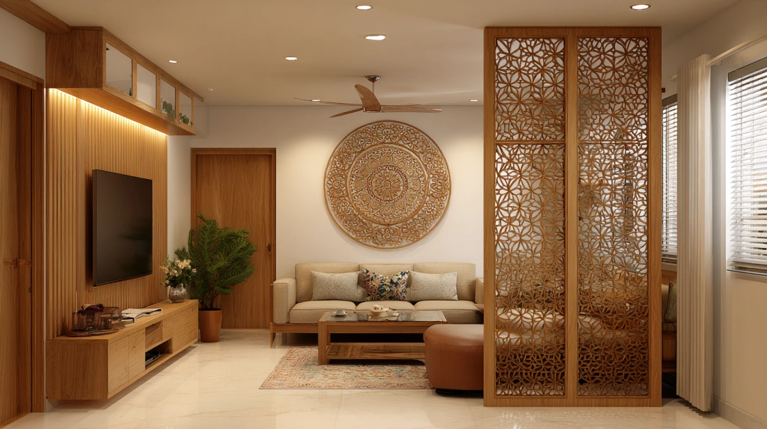 Traditional circular mandala screen partitioning seating area