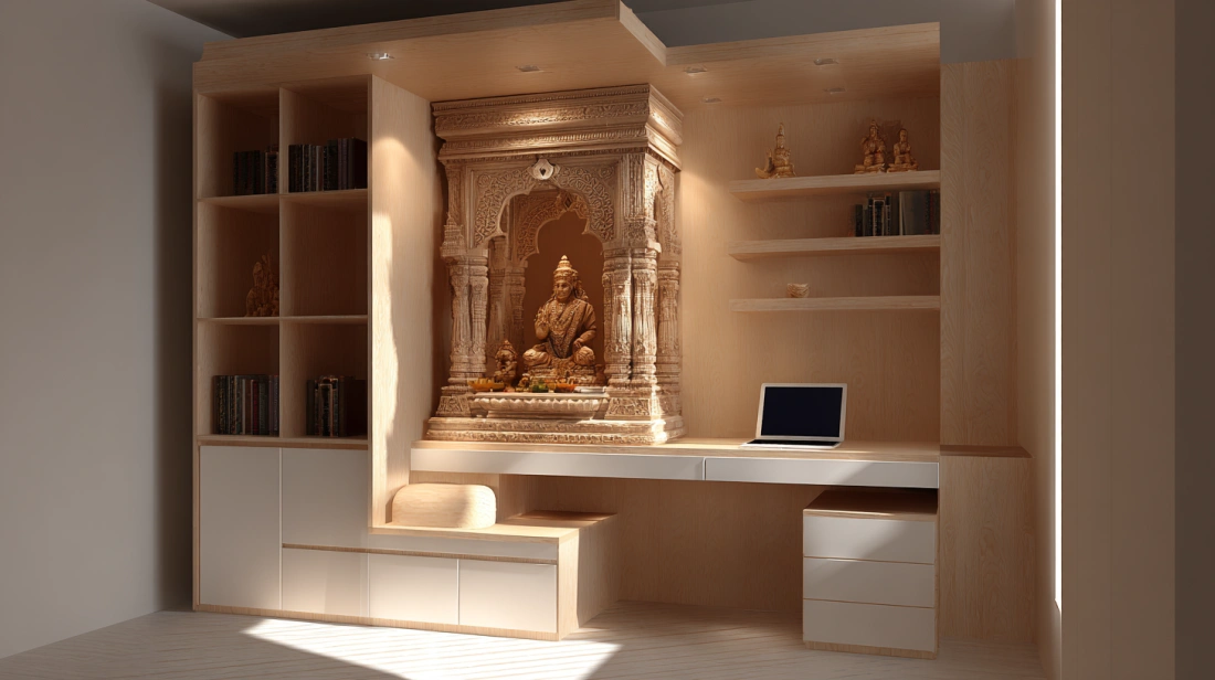 Plywood mandir combined with study desk