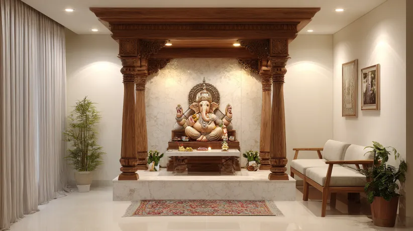Indian mandir design with ceiling canopy for home