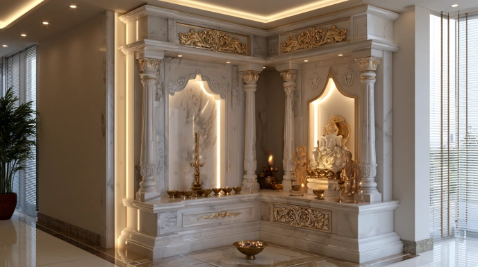 Luxurious marble corner pooja mandir design