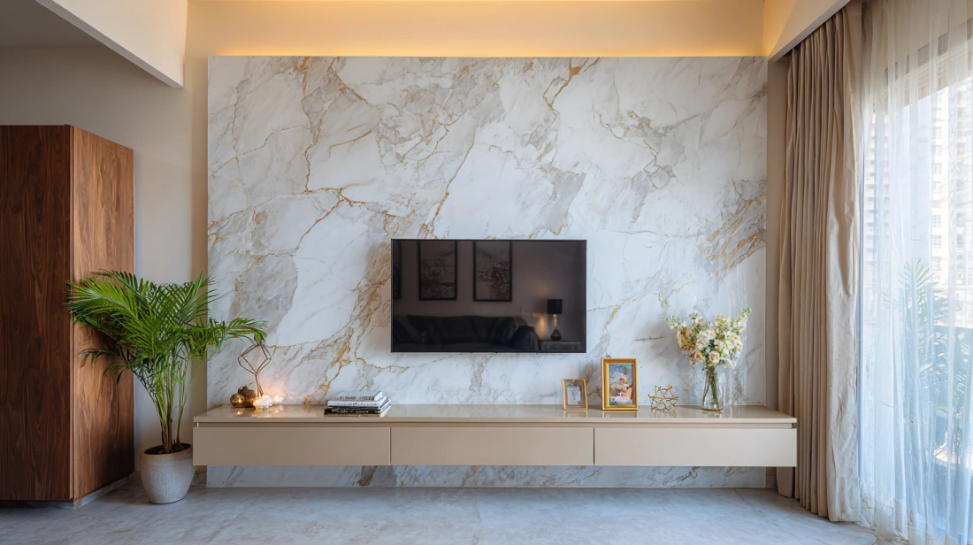 Luxury living area featuring marble texture wall panels