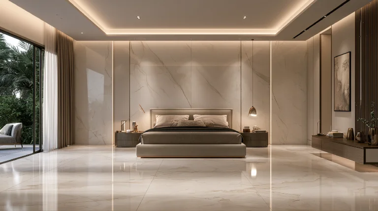 Marble-look ceramic tiles for an elegant bedroom