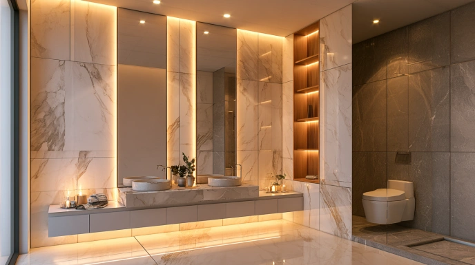 Marble-look PVC ceiling in modern bathroom